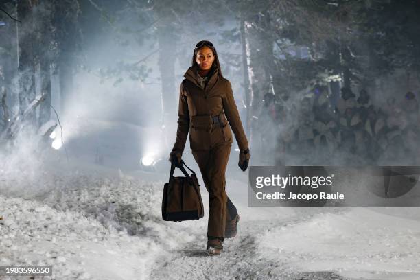 Joan Smalls walks the runway at the Moncler Grenoble Fall Winter 2024 Fashion Show on February 03, 2024 in St Moritz, Switzerland.
