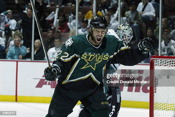 Kirk Muller of the Dallas Stars celebrates his goal against the Mighty Ducks of Anaheim in the 2003 Western Conference Stanley Cup semifinals at the...