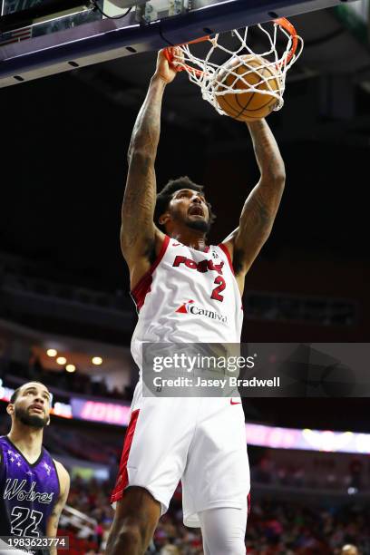 Malik Williams of the Sioux Falls Skyforce dunks the ball against the Iowa Wolves during an NBA G-League game on February 6, 2024 at the Wells Fargo...