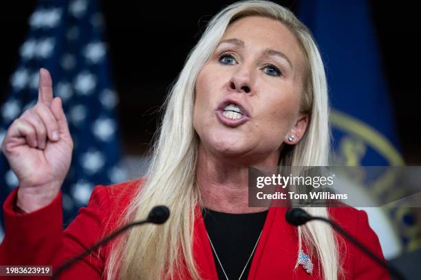 Rep. Marjorie Taylor Greene, R-Ga., speaks during a news conference in the Capitol Visitor Center on a resolution "stating that President Donald...