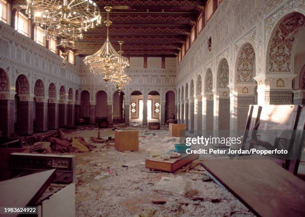 Ransacked royal palace in Kuwait City during Operation Desert Shield following the Iraqi invasion of Kuwait which led to the Gulf War, circa April...