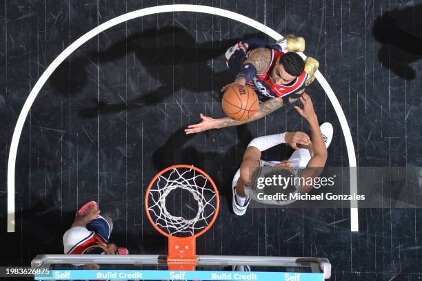 Kyle Kuzma of the Washington Wizards drives to the basket during the game against the San Antonio Spurs on January 29, 2024 at the Frost Bank Center...