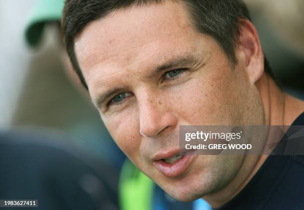 Australian cricketer Brad Hodge speaks to the media at the resort complex where the team is staying on the Caribbean island of Saint Kitts, 15 March...