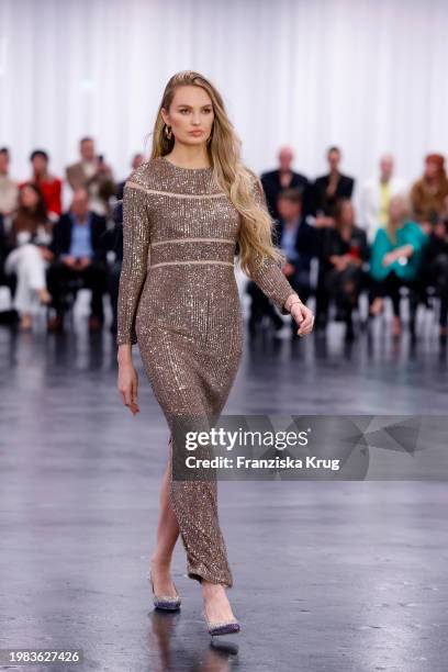 Romee Strijd walk the runway during the Marc Cain Fashion Show at Arena Berlin on February 6, 2024 in Berlin, Germany.