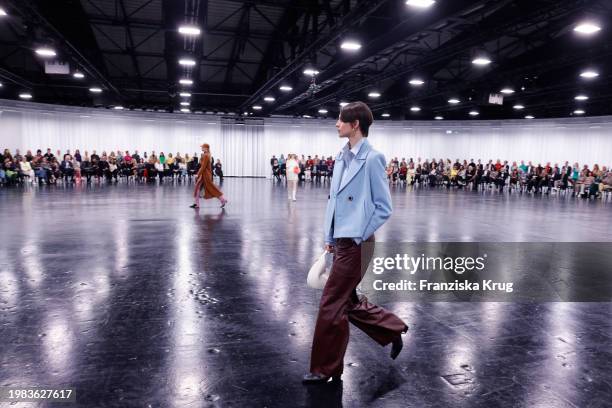 Models walk the runway during the Marc Cain Fashion Show at Arena Berlin on February 6, 2024 in Berlin, Germany.