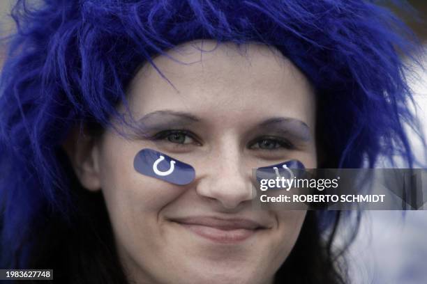 An Indianapolis Colts fan poses 04 February 2007 at Dolphin Stadium in Miami before the Colts face the Chicago Bears in Super Bowl XLI. AFP...