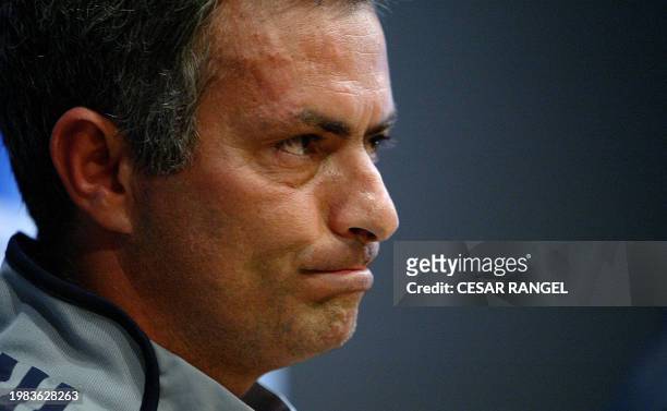 Chelsea's Portuguese coach Jose Mourinho purses his lips during a press conference at the Camp Nou stadium in Barcelona, 30 October 2006 on the eve...