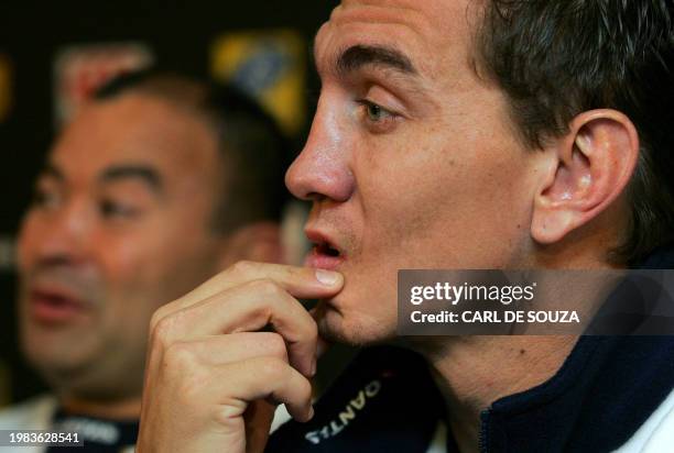 Australian Rugby Union player Matt Rogers gestures during a press conference at the Royal Gardens Hotel in London 10 November 2005. Rogers will play...