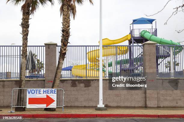 Signage outside a polling location at Desert Breeze Community Center in Las Vegas, Nevada, US, on Tuesday, Feb. 6, 2024. The state is host to dueling...