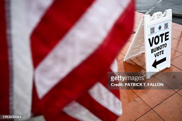 Signage is displayed outside of a vote center on Election Day during the Nevada 2024 presidential primary election in Las Vegas, Nevada on February...