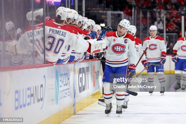 Nick Suzuki of the Montreal Canadiens celebrates a first period goal during a game agains the Washington Capitals at Capital One Arena on February 6,...