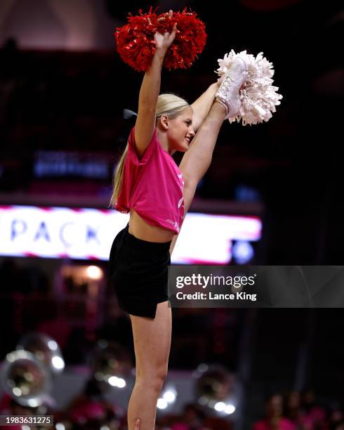 Cheerleader of the NC State Wolfpack performs during the game against the Louisville Cardinals at Reynolds Coliseum on February 5, 2024 in Raleigh,...