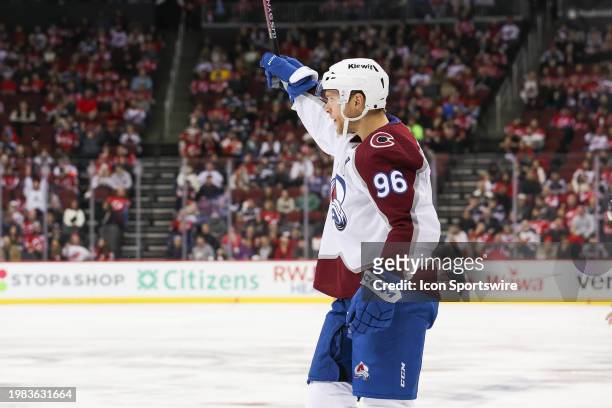 Colorado Avalanche right wing Mikko Rantanen celebrates after scoring a goal during a game between the Colorado Avalanche and New Jersey Devils on...
