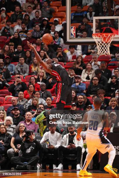Bam Adebayo of the Miami Heat grabs a rebound during the game against the Orlando Magic on February 6, 2024 at Kaseya Center in Miami, Florida. NOTE...