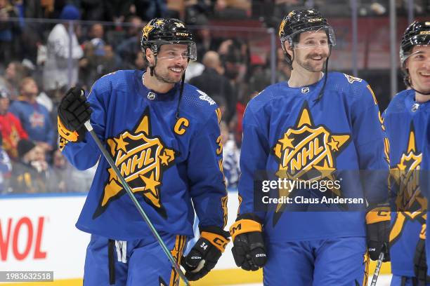 Auston Matthews of the Toronto Maple Leafs celebrates with Filip Forsberg of the Nashville Predators during the game between Team Matthews and Team...