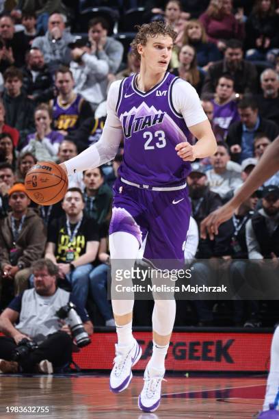 Lauri Markkanen of the Utah Jazz dribbles the ball during the game against the Oklahoma City Thunder on February 6, 2024 at Delta Center in Salt Lake...