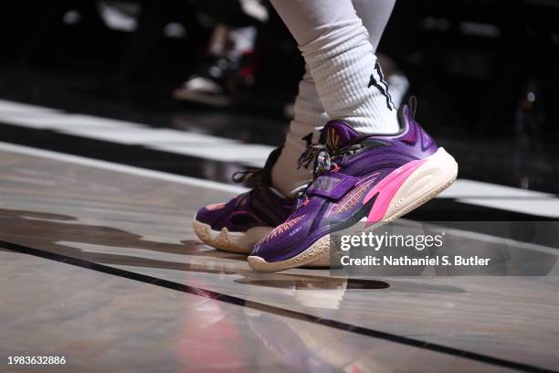 The sneakers worn by Kyrie Irving of the Dallas Mavericks on February 6, 2024 at Barclays Center in Brooklyn, New York. NOTE TO USER: User expressly...