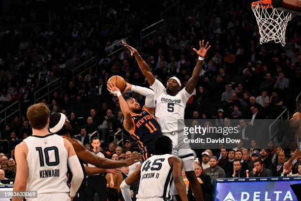 Jalen Brunson of the New York Knicks drives to the basket during the game against the Memphis Grizzlies on February 6, 2024 at Madison Square Garden...