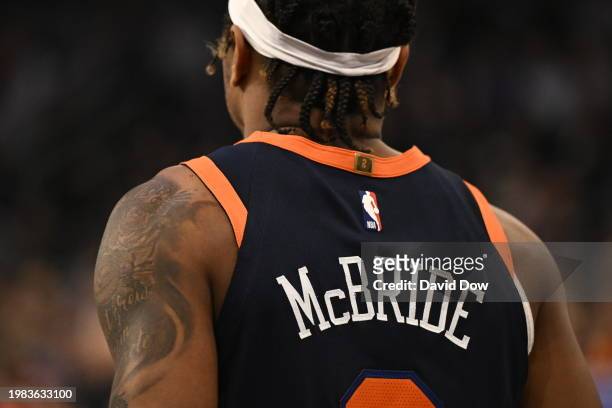 Miles McBride of the New York Knicks looks on during the game against the Memphis Grizzlies on February 6, 2024 at Madison Square Garden in New York...