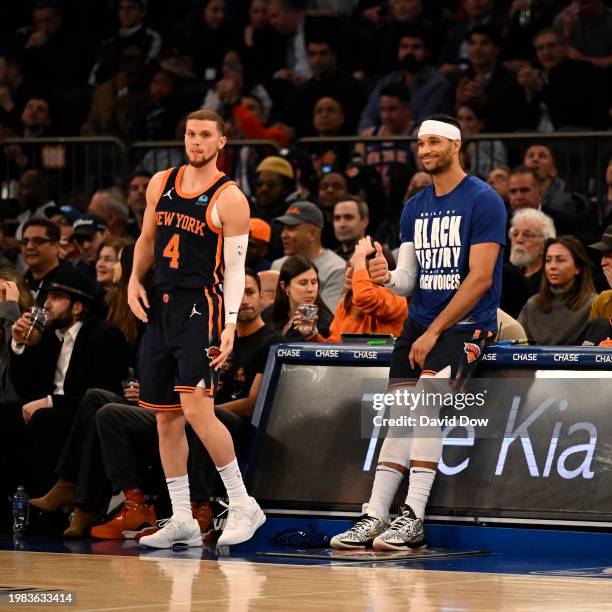 Malachi Flynn, and Josh Hart of the New York Knicks look on during the game against the Memphis Grizzlies on February 6, 2024 at Madison Square...