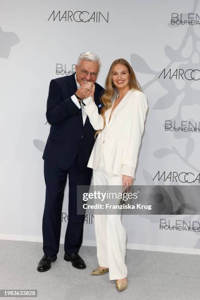 Helmut Schlotterer and Romee Strijd attend the Marc Cain Fashion Show at Arena Berlin on February 6, 2024 in Berlin, Germany.