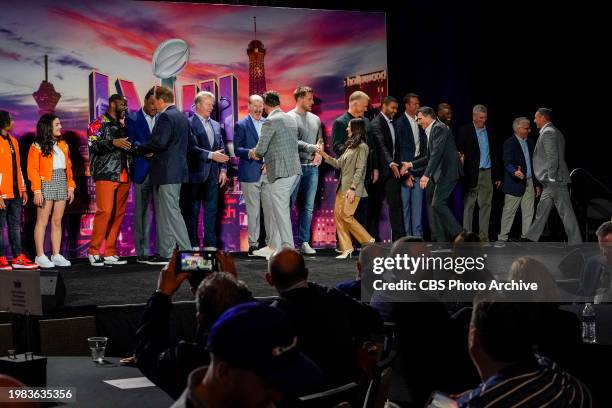 Sports press conference on Tuesday, February 6, 2024 at the Mandalay Bay for Super Bowl LVIII. Pictured: Dylan Gilmer, Dylan Schefter, Nate Burleson,...