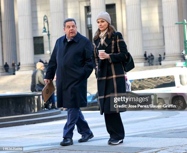 Steve Schirripa and Bridget Moynahan are seen at the film set of the 'Blue Bloods' TV Series on February 06, 2024 in New York City.