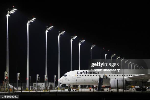 Passenger aircraft, operated by Deutsche Lufthansa AG, grounded during strike action by ground crew, at Munich International Airport in Munich,...