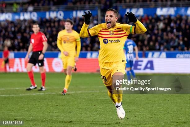 Vitor Roque of FC Barcelona celebrates after scoring their side's third goal during the LaLiga EA Sports match between Deportivo Alaves and FC...