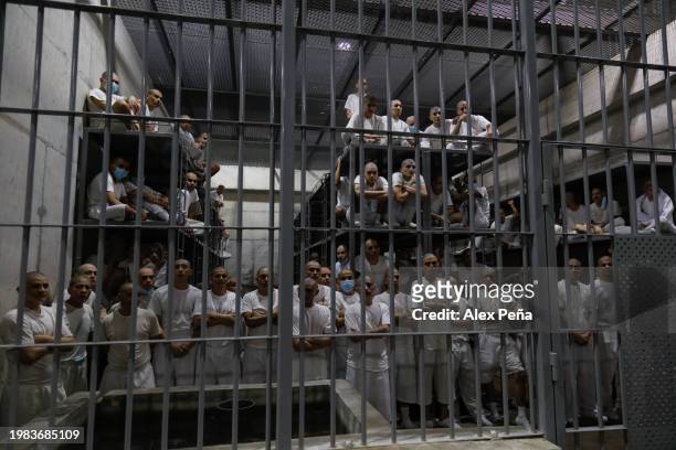 Inmates are seen in cells at CECOT in Tecoluca on February 6, 2024 in San Vicente, El Salvador. On February of 2023 El Salvador inaugurated Latin...