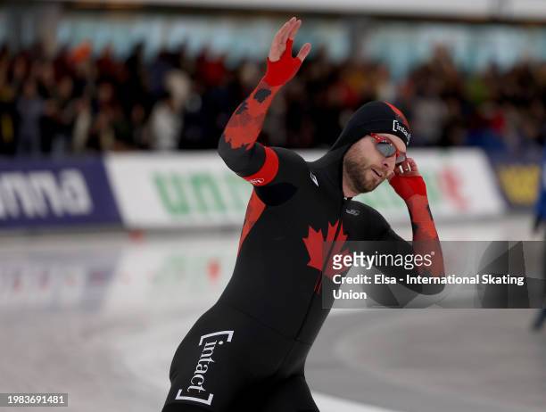 Laurent Dubreuil of Canada reacts after competing in the Men's 500m during the ISU World Cup Speed Skating at Centre de Glaces on February 03, 2024...