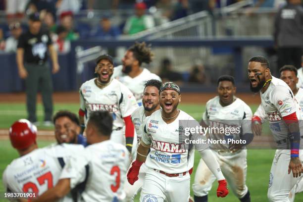 Panama team players celebrate the victory over the Naranjeros of Hermosillo in the ninth inning during a game between Mexico and Panama at loanDepot...
