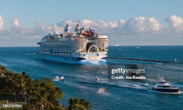 In an aerial view, Royal Caribbean's Icon of the Seas, billed as the world's largest cruise ship, heads out to sea for its second voyage from...