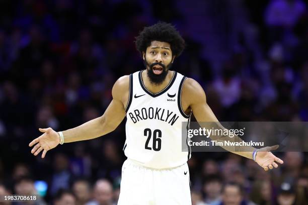 Spencer Dinwiddie of the Brooklyn Nets reacts during the second quarter against the Philadelphia 76ers at the Wells Fargo Center on February 03, 2024...