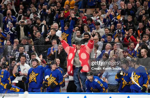 Justin Bieber reacts from the bench area of Team Matthews after their game against Team McDavid during the 2024 Honda NHL All-Star Game at Scotiabank...