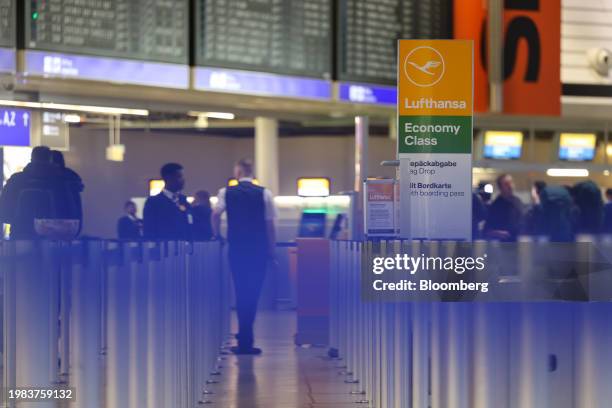 The check-in area for Economy Class passengers on flights operated by Deutsche Lufthansa AG, during a strike by ground crew, at Frankfurt Airport in...