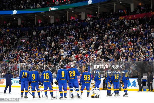 Team Matthews line up at the blue line after their game against Team McDavid at the 2024 Honda NHL All-Star Game at Scotiabank Arena on February 03,...