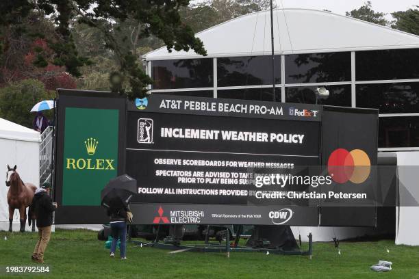 Sign informs fans of weather alerts on the course during the AT&T Pebble Beach Pro-Am at Pebble Beach Golf Links on February 03, 2024 in Pebble...