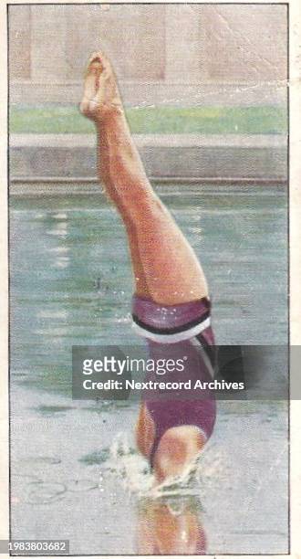 Collectible illustrated tobacco or cigarette card, 'Swimming, Diving and Life-Saving' series, published in 1937 by Ardath Tobacco Company, depicting...