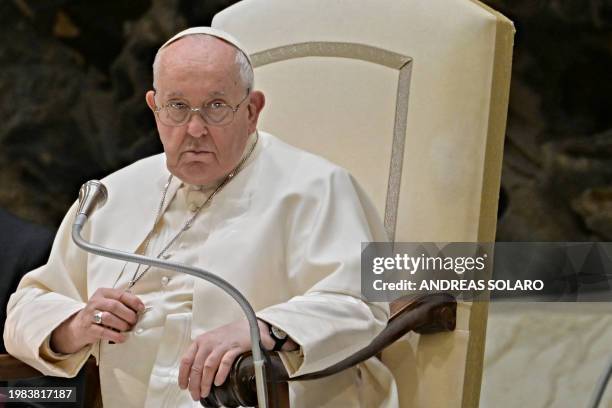 Pope Francis attends the weekly general audience at Paul-VI hall in the Vatican, on February 7, 2024.