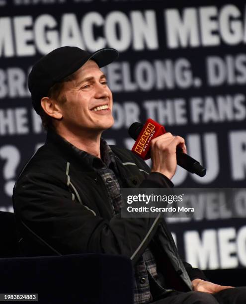 Actor Hayden Christensen speaks during a Q&A session at MegaCon Orlando 2024 at Orange County Convention Center on February 03, 2024 in Orlando,...