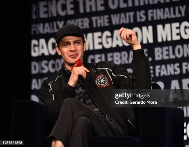 Actor Hayden Christensen speaks during a Q&A session at MegaCon Orlando 2024 at Orange County Convention Center on February 03, 2024 in Orlando,...