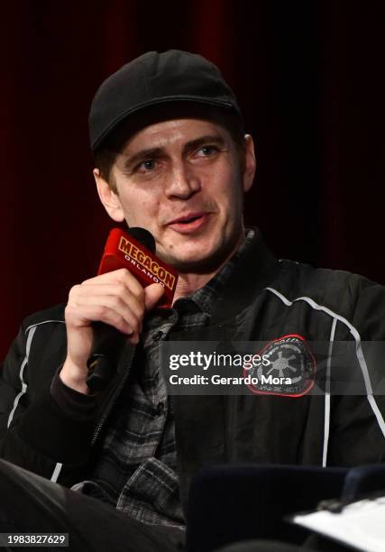 Actor Hayden Christensen speaks during a Q&A session at MegaCon Orlando 2024 at Orange County Convention Center on February 03, 2024 in Orlando,...