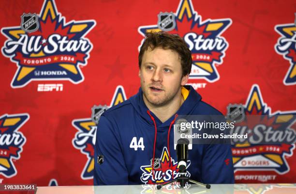 Morgan Rielly of the Toronto Maple Leafs attends a post event press conference after the 2024 Honda NHL All-Star Game at Scotiabank Arena on February...