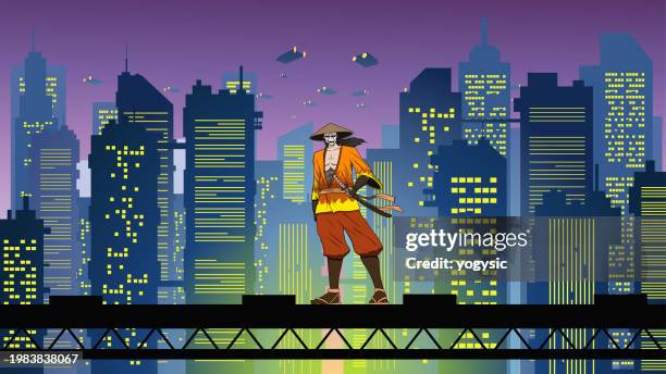 vector anime samurai in a cyberpunk city setting vector illustration - samurai stock illustrations