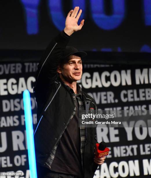 Actor Hayden Christensen during a Q&A session at MegaCon Orlando 2024 at Orange County Convention Center on February 03, 2024 in Orlando, Florida.