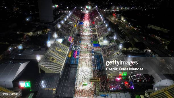 Aerial view as members of the Acadêmicos do Grande Rio samba school rehearse at the Marques de Sapucai Sambadrome ahead of Rio de Janeiro's Carnival...