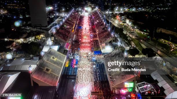 Aerial view as members of the Acadêmicos do Grande Rio samba school rehearse at the Marques de Sapucai Sambadrome ahead of Rio de Janeiro's Carnival...