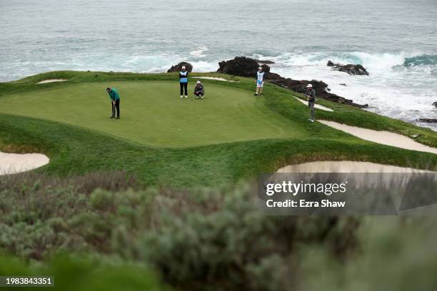 Matthieu Pavon of France putts on the seventh green during the AT&T Pebble Beach Pro-Am at Pebble Beach Golf Links on February 03, 2024 in Pebble...