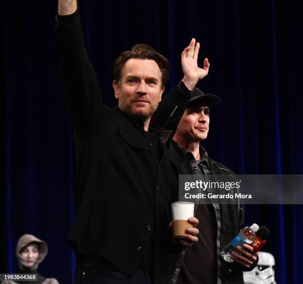 Actors Ewan McGregor and Hayden Christensen during a Q&A session at MegaCon Orlando 2024 at Orange County Convention Center on February 03, 2024 in...